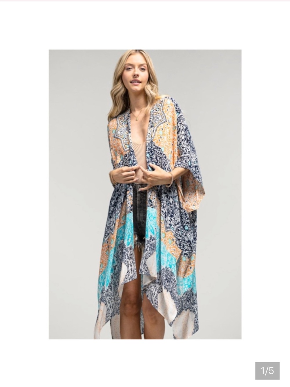 Boho Patchwork Print Dusters Kimono Jacket - Blue/Tan NWOT OS